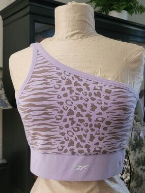 Reebok Lilac One-Shoulder Leopard Print Sports Bra